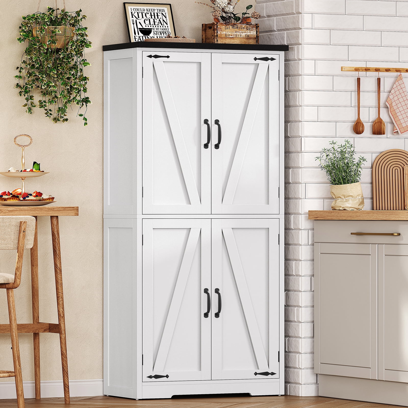 58.27” Kitchen Pantry Cabinets With 4 Doors, Storage Cabinets, Cupboard, Tall Bathroom Cabinets For Dinning Room, Living Room, White