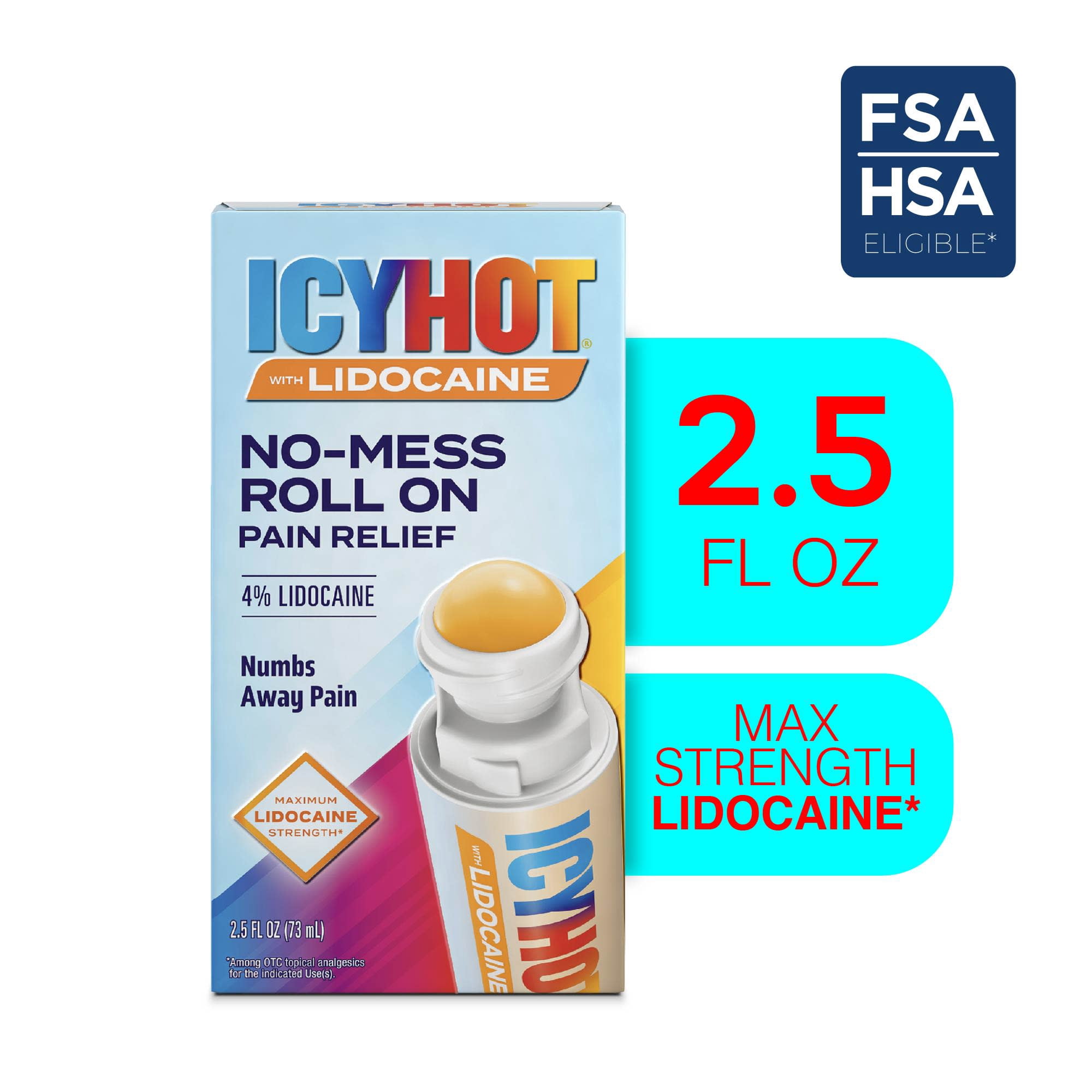 Icy Hot Lidocaine Pain Relief No-Mess Roll-On Applicator, Numb Aggravated Nerves With Max Strength Lidocaine 4%, Pain Relief for Minor Pain, Backaches, Sprains and Strains, 2.5 oz