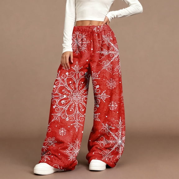 Women's Casual Wide Leg Pants, Christmas Print Elastic Waist Loose Plush Trousers, Warm Winter Pants for Holiday Parties and Cozy Nights,Wine,L