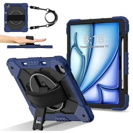Case for iPad Air 13 Inch M3/M2 2025/2024 with Rotating Stand Pencil Holder Hand/Shoulder Strap, Heavy Duty Shockproof Protective Cover