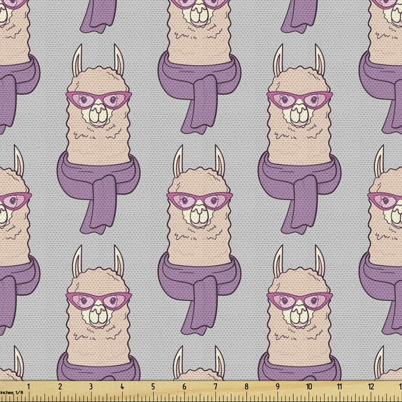 Ambesonne Llama Fabric by the Yard Upholstery, Hipster Camels Glasses Scart, 10 Yards, Lilac Peach and Dust