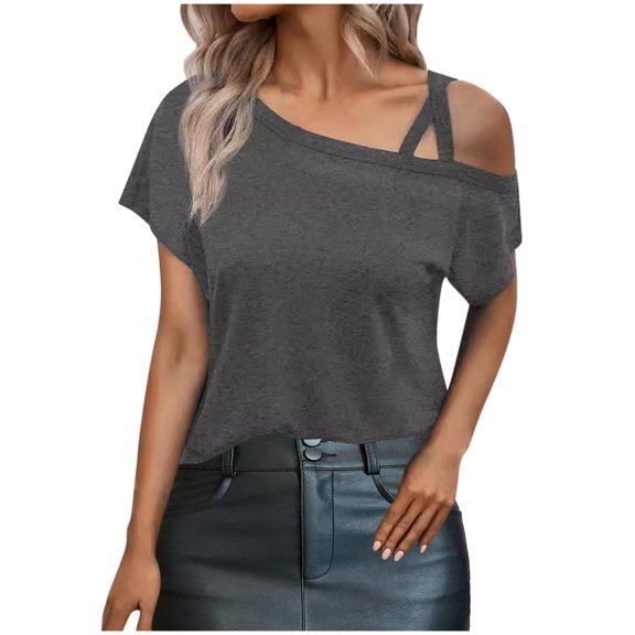 Women's Summer Tops Ladies' Spring/Summer New Product Solid Color Slant Collar Sleeveless Top Off Shoulder Strap T-shirt Tunic Tops Cute Loose Ladies Blouses Gray XL