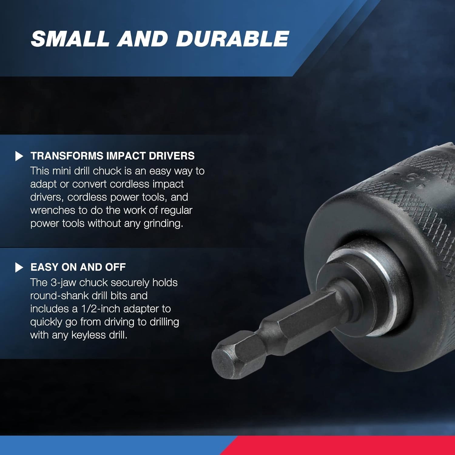 20754A 3/8” Drill Chuck Adapter | Chuck Drill for Impact Drivers with 1/4 Inch Quick Change Shank | Drill Converter Includes 1/2-Inch Adapter for Impact Guns | Hex to Chuck Drill Bit Adapter