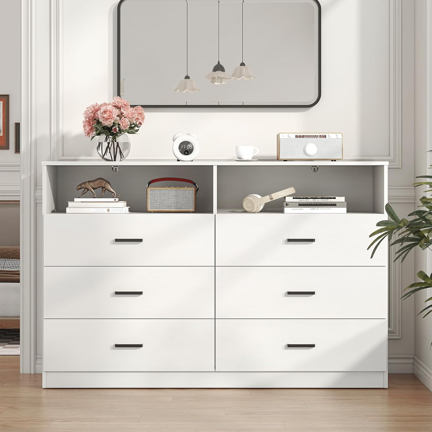 Frmobepts Wood Dresser for Bedroom, 6 Drawer Dresser with Open Storage Cubby,White