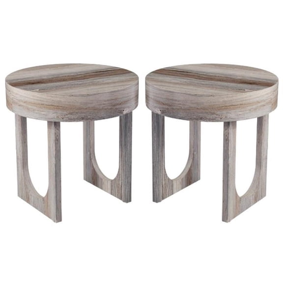 Home Square Round Wood Faux Marble End Table in Brown - Set of 2