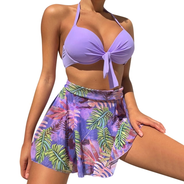 Gibobby Conjunto de traje de baño de bikini Conjunto de bikini de mujer Impreso Conjunto de bikini de piezas de ropa de playa Traje de baño sexy caliente(Morado,XL)