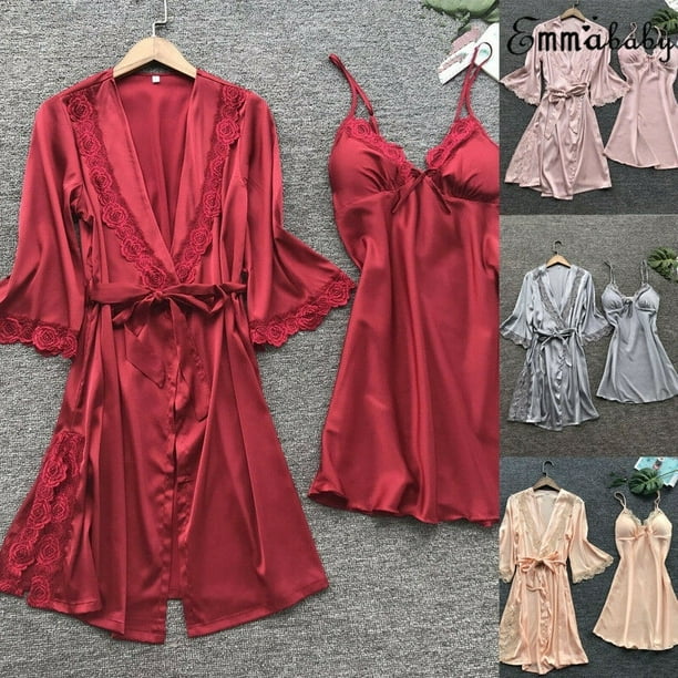 3PCS Sexy Women's Silk Satin Nightie Gown Lingerie Sleepwear Pyjamas Set  Robe Dress+G-String