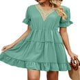 thumbnail image 2 of PENGXIANG Femmes Manches Courtes Mini Robe V Cou Volants Robes Décontractées une Ligne Fluide Été Plage Partie Robe de Soleil, 2 of 7