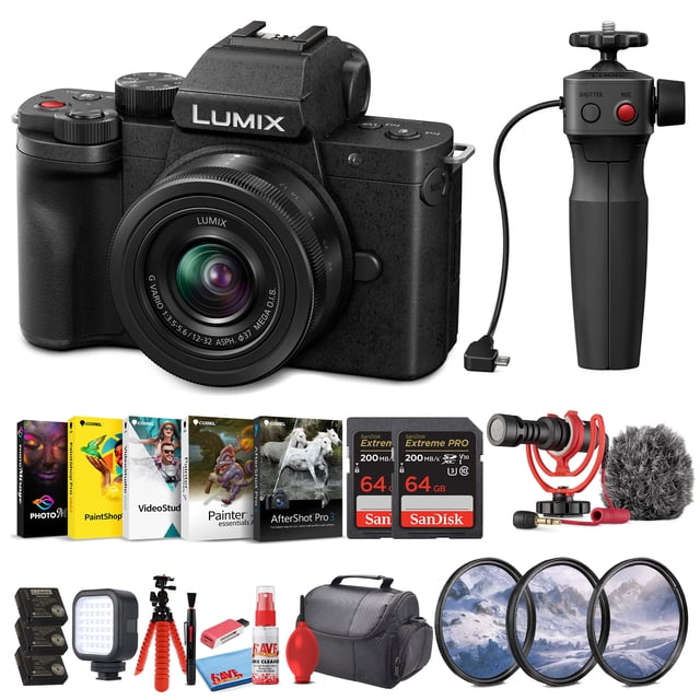 Panasonic Lumix G100 4K Cámara sin espejo con lente de 0.472-1.260 in y kit de agarre para trípode para blogs de fotos y vídeos (DC-G100VK) + kit de filtro + 2 tarjetas de 64 GB