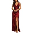 thumbnail image 4 of BRGZLK Formal Dresses for Women Satin V Neck Sleeveless Cocktail Wedding Guest Maxi Dress Pleated High Waist Wrap Split Evening Gowns Wine L, 4 of 10