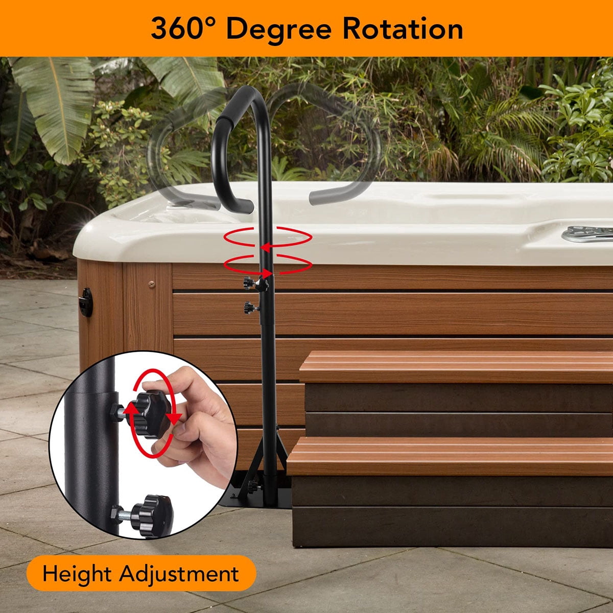 Danolapsi 600LBs Hot Tub Handrails with Stand, 35"-56" Adjustable Height Pool Handrail with Non-Slip Handle, 360 Rotatable Spa Side Handrail, Heavy Duty Iron Hot Tub Steps with Handrail