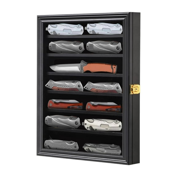 Knife Display Case Pocket Knife Display Stand Military Folding Knife Shadow Box Wall Cabinet with Uv Protection Acrylic Lockable, Black