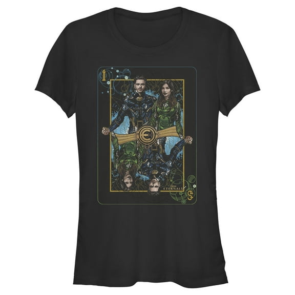 Junior's Marvel Eternals Ikaris and Sersi Playing Card  Graphic Tee Black 2X Large