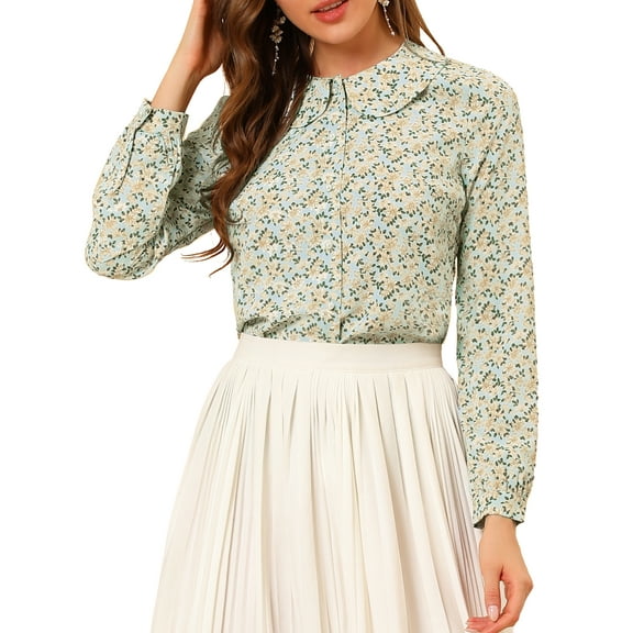INSPIRE CHIC Women's Casual Peter Pan Collar Floral Chiffon Top Shirt