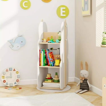 Auranook Kid's Rotating Bookshelf, 360° Display Corner Book Shelf with Side Hooks for Small Space, 3-Tier Floor Standing Bookcase Toy Storage Organizer