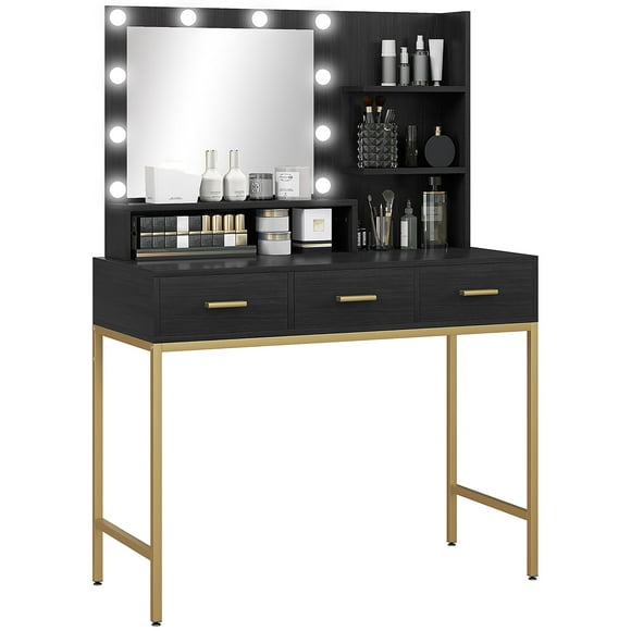 HOMCOM Coiffeuse, Table de Maquillage avec Miroir à DEL et Rangement, Noir