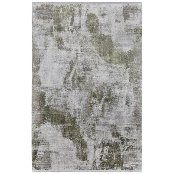 8' X 11' Gray Silver and Green Ikat Power Loom Area Rug With Fringe