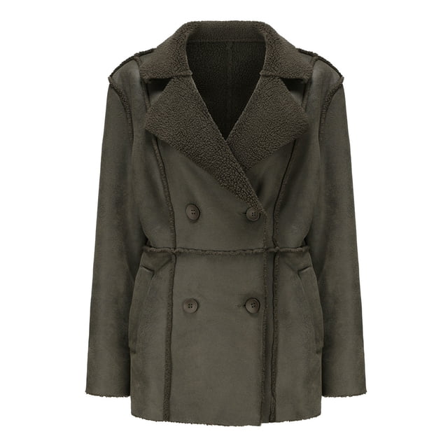 Yuyuzo Winter Jackets for Women Fleece Lined Long Sleeve Turndown Collar Button Coats with Pockets Solid Color
