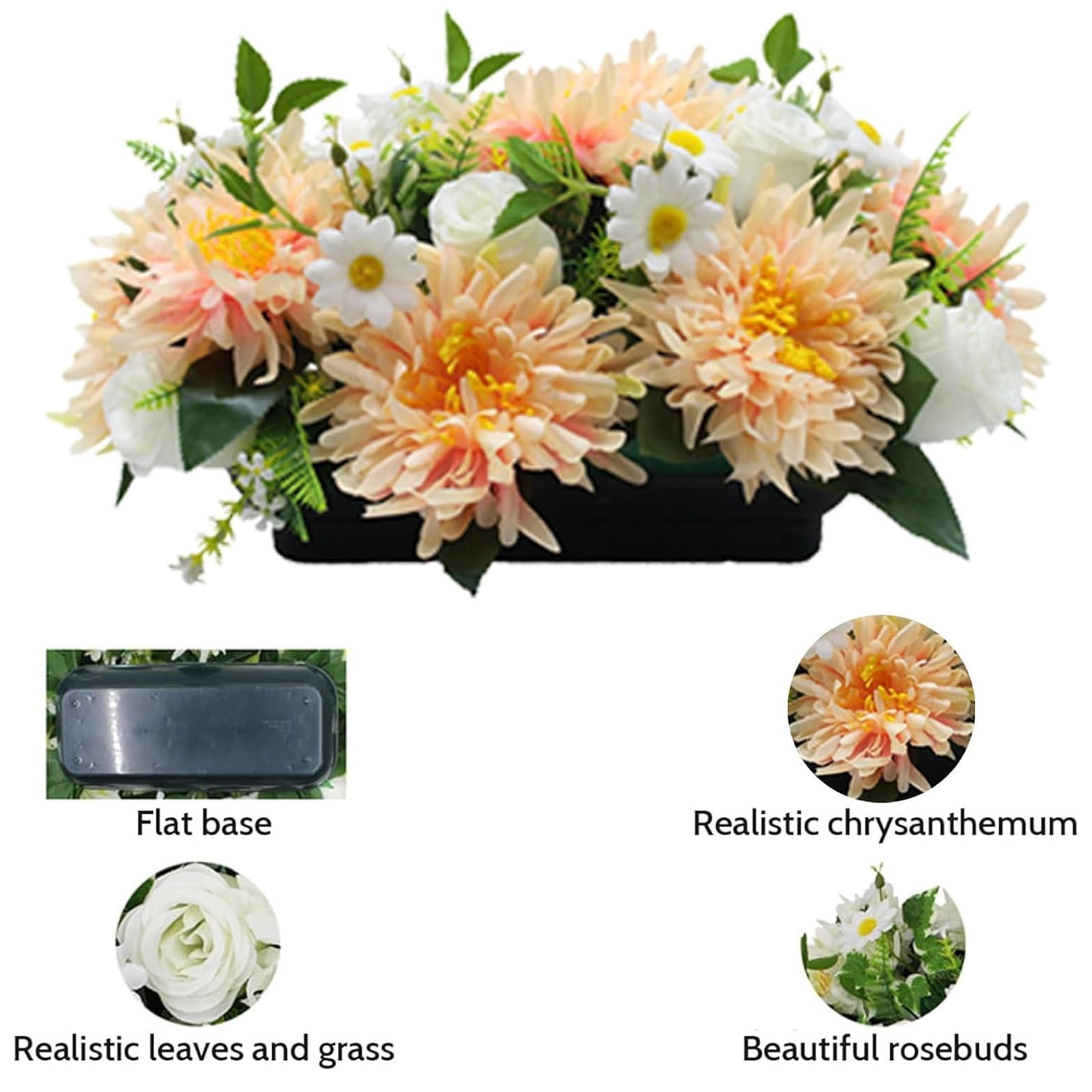 Memorial Artificial Flower for Gravesite, Chrysanthemum & Wildflower Cemetery Bouquet, Rainproof UV Resistant Outdoor Tribute, Cemetery & Gravesite Decor, Sympathy & Funeral Flowers (Champagne)