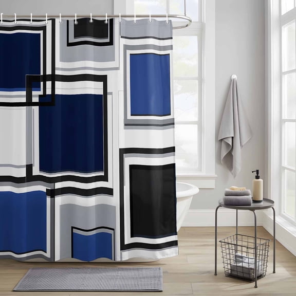 Bathroom Shower Curtain Blue Black Grey Geometric Block Waterproof Shower Curtains with Hooks, Abstract Art Bath Curtains Bathtub Curtain Home Decor 36x72in