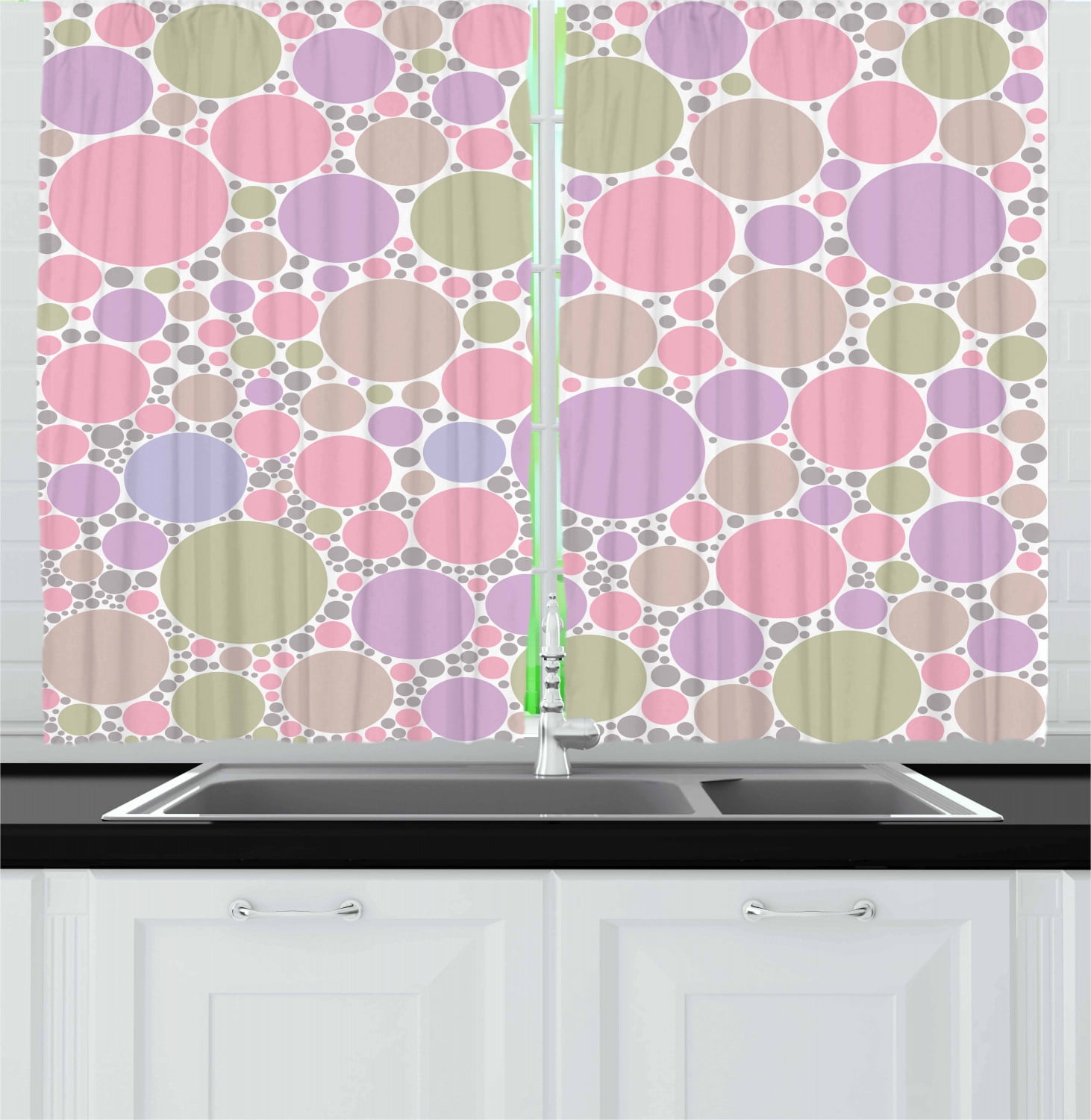 Pastel Curtains 2 Panels Set, Soft Large Small Geometric Circle Oval