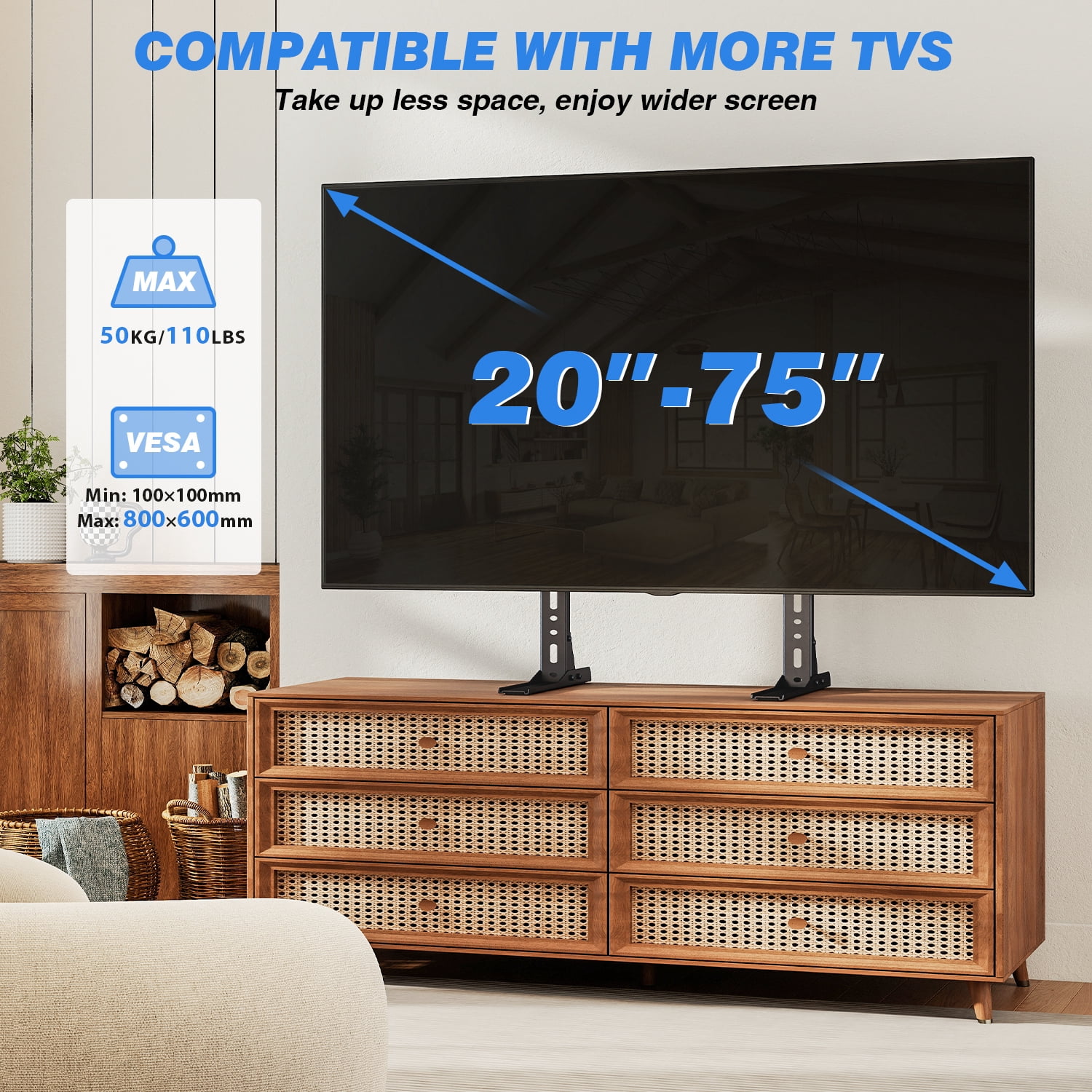 RTVR Universal Table Top TV Stand Base with Mount, Height Adjustable for 20 to 75 inch LCD LED Flat Screen TVs up to 110lbs