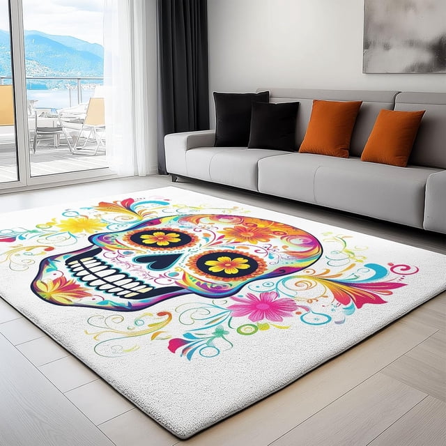 Machine Washable Area Rug 8x10 ft for Dining Room, Bedroom, and Living Room, Colorful Sugar Skull Flower Stain and Water-Resistant Non-Slip Rug, Pet and Kid Friendly