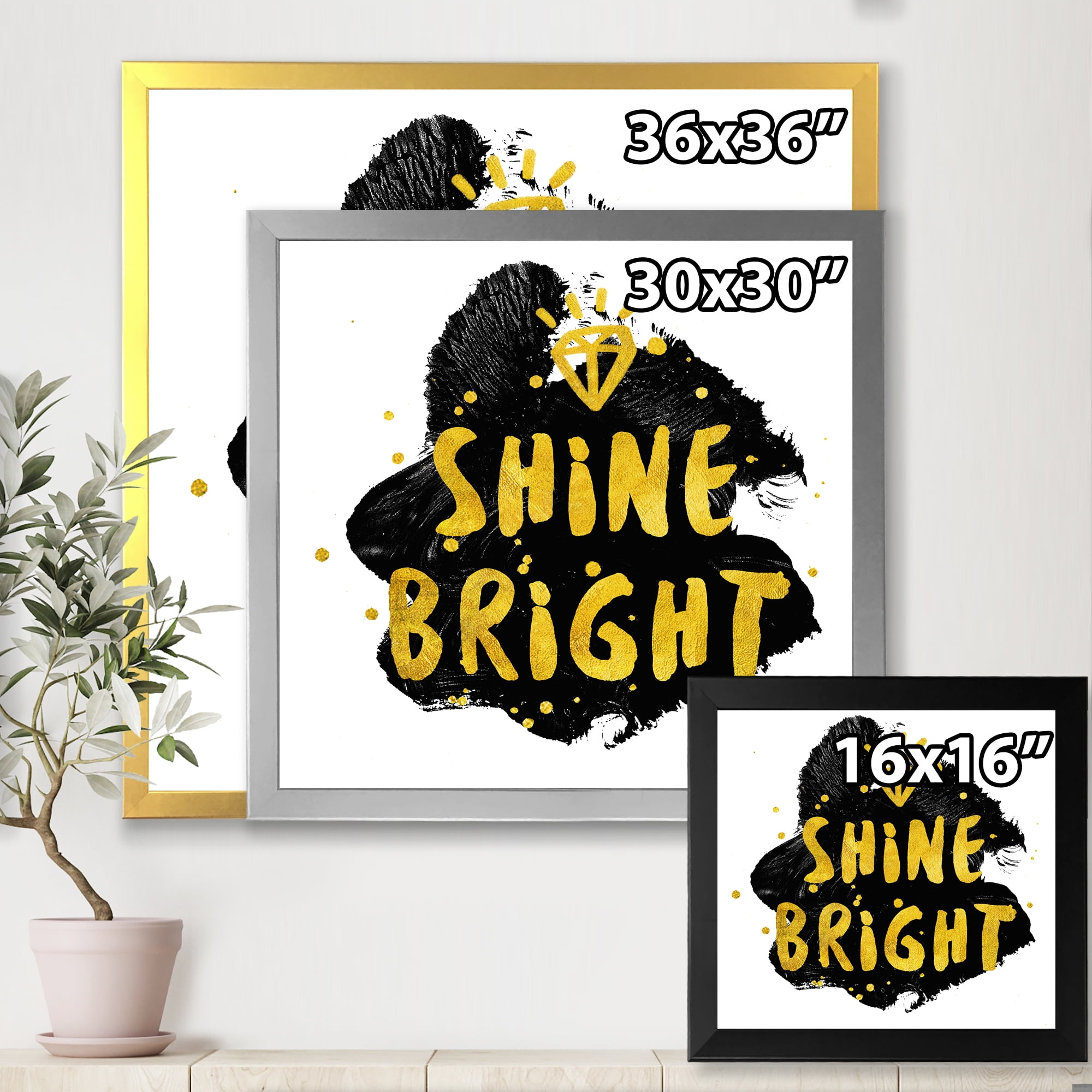 Designart 'Shine Bright Quote on Black' Glam Framed Art Print