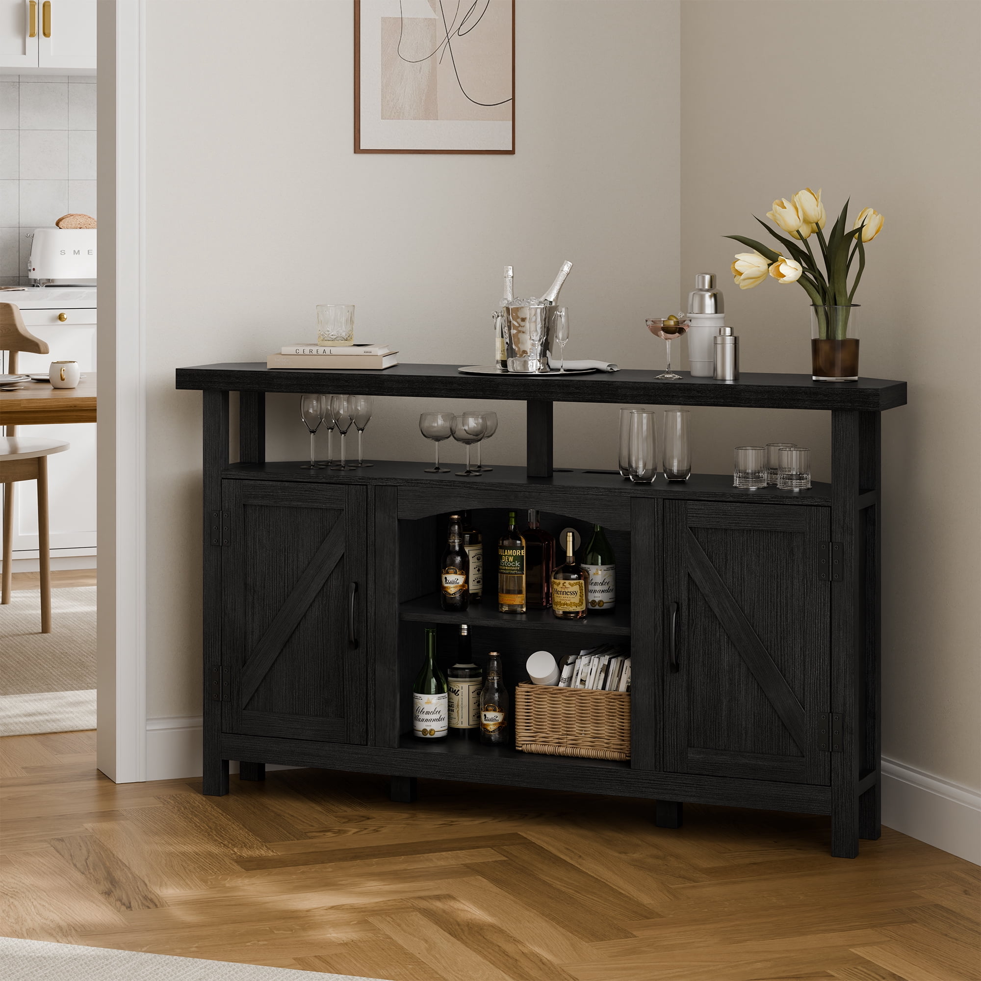 StorageWorks Farmhouse Corner TV Stand for TVs up to 60", Entertainment Center with Sliding Barn Doors and Storage Cabinets, Antique Black