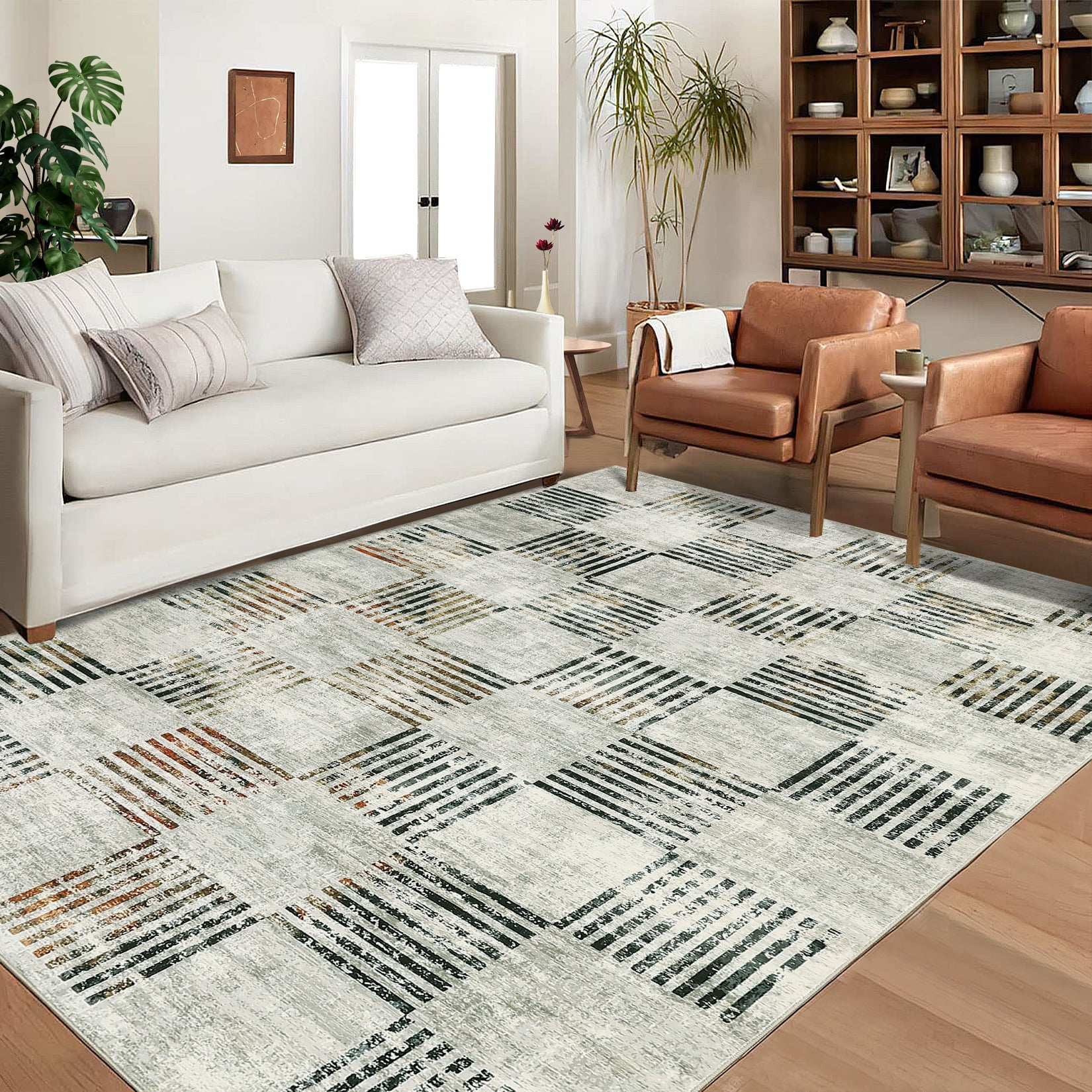 Tzou Modern Washable Area Rugs 9'x12' for Living Room, Large Soft Plaid Carpets Non-Slip, for Dining Room Bedroom