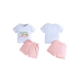 thumbnail image 3 of Toddler Girl Summer Outfit Letter Crown Embroidery Short Sleeve Round Neck Tops with Solid Color Shorts 2 Pcs Clothes, 3 of 10