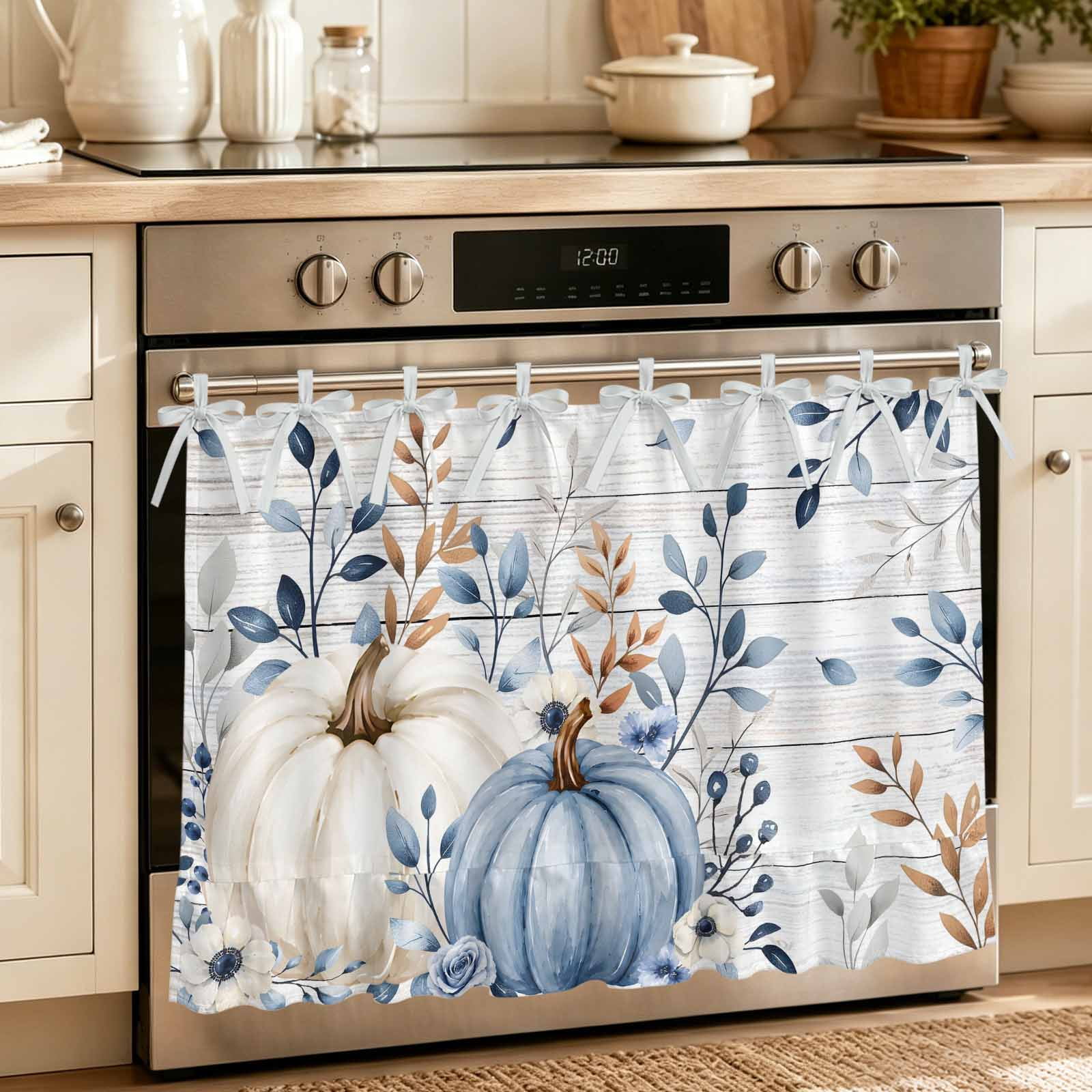 Oven Curtain for Kitchen Thanksgiving Blue White Pumpkin Stove Curtain With Ruffled Trim Dishwasher Curtains Fall Eucalyptus Leaf Wood Plank Oven Skirt 32 x24