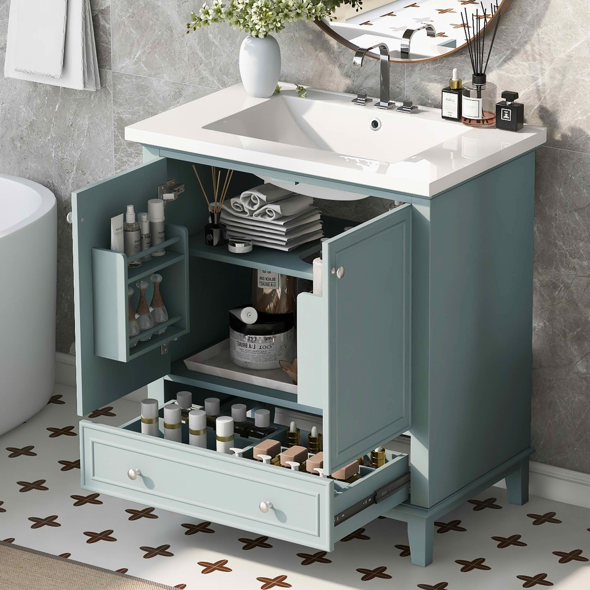 MAYEERTY 30" Bathroom Vanity with Sink Multi-functional Cabinet Doors Drawer Solid Frame MDF Green