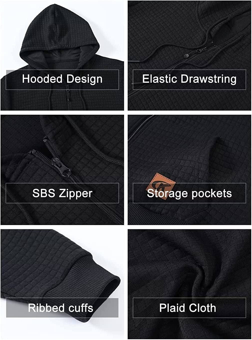QPNGRP Men's Full-Zip Hoodie Lightweight Hoodie Sweatshirt Jacket Solid Hooded with Kanga Pocket Black 2XL