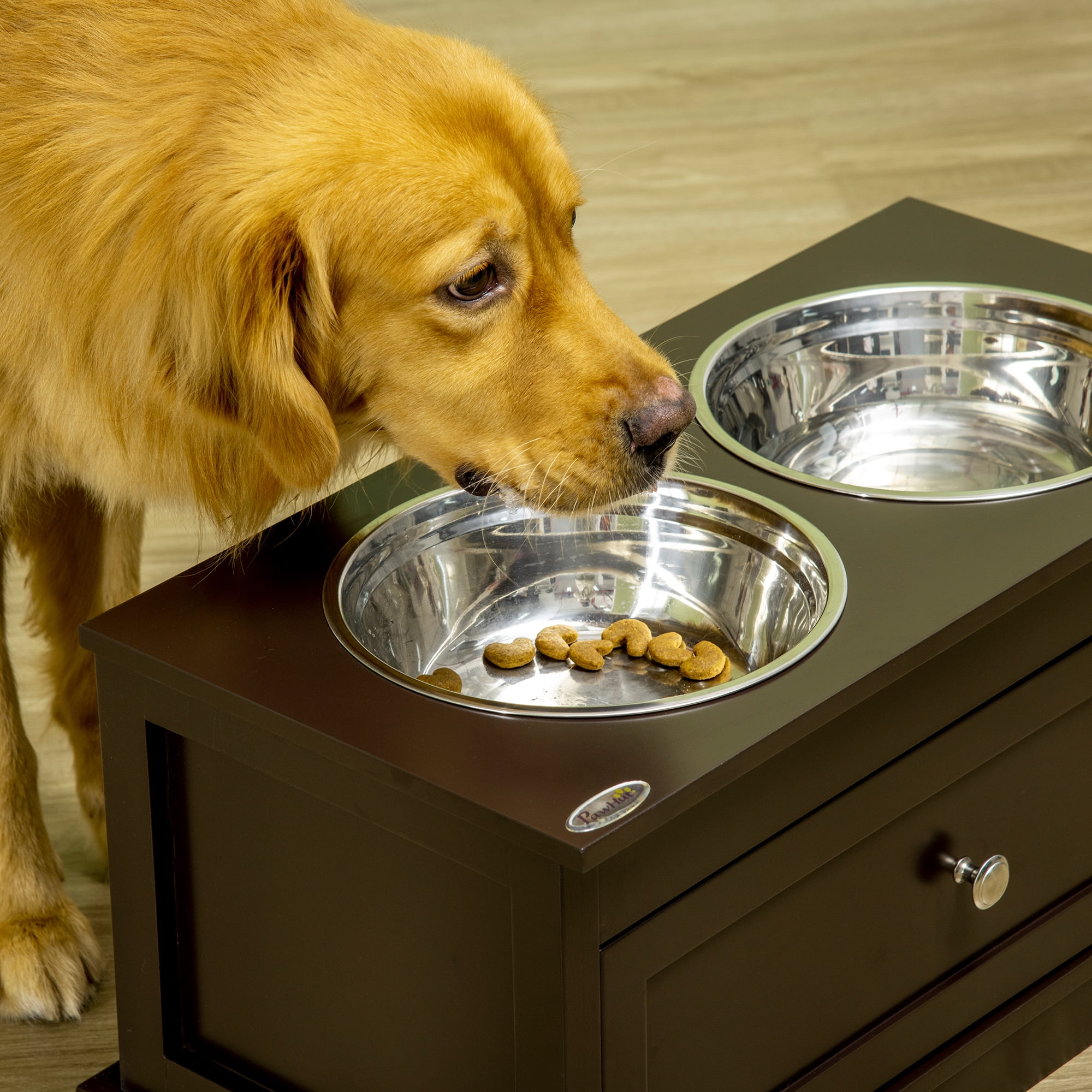 PawHut Large Elevated Dog Bowls with Storage, Raised Dog Bowl Stand, Brown