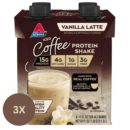 (Best By 05/04/2024)Atkins Iced Coffee Vanilla Latte Protein Shake  High Protein  Low Glycemic  Low Carb  Low Sugar  Keto Friendly  3/4 Packs