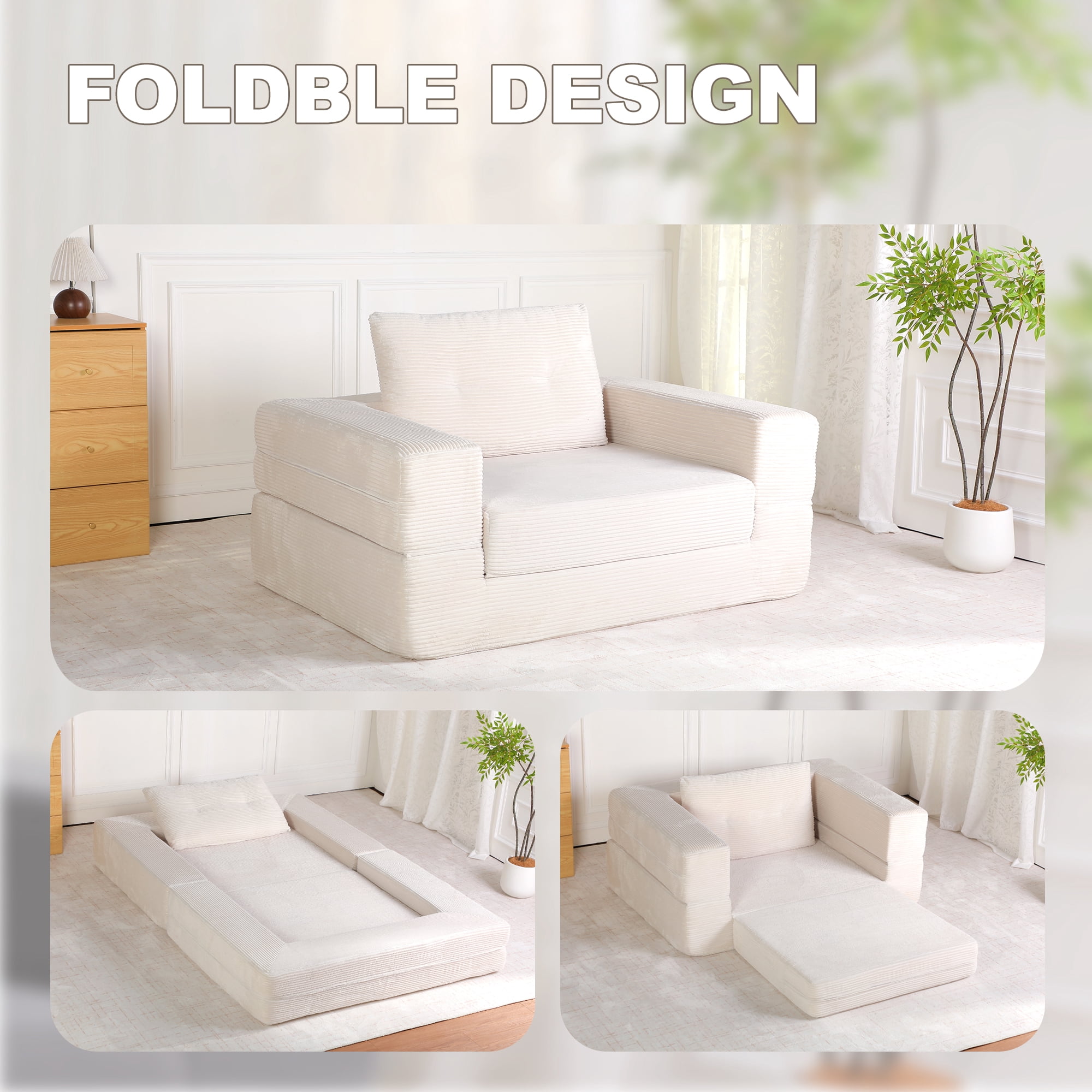 Sofa Bed, Dog Bed, Floor Couch&nbsp;3-in-1 Folding Human Pet Bed with Pillow, Beige Corduroy Convertible Lounger, High-Resilience Memory Foam for Living Room, Bedroom, Pets
