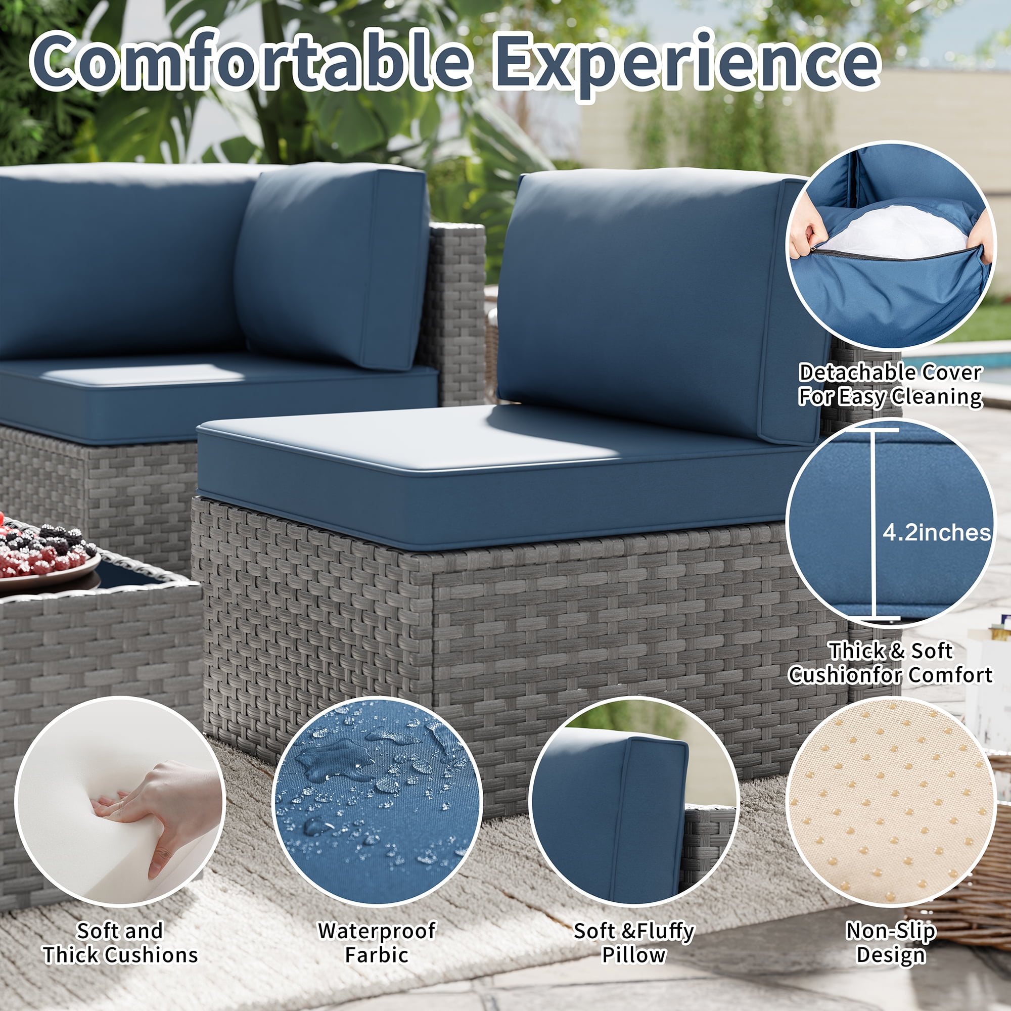 Walsunny 5 Pieces Outdoor Furniture Patio Sectional Sofa Set, Wicker Rattan Conversation Sets with Cushions and Glass Table, Silver Rattan Dark Blue Cushions