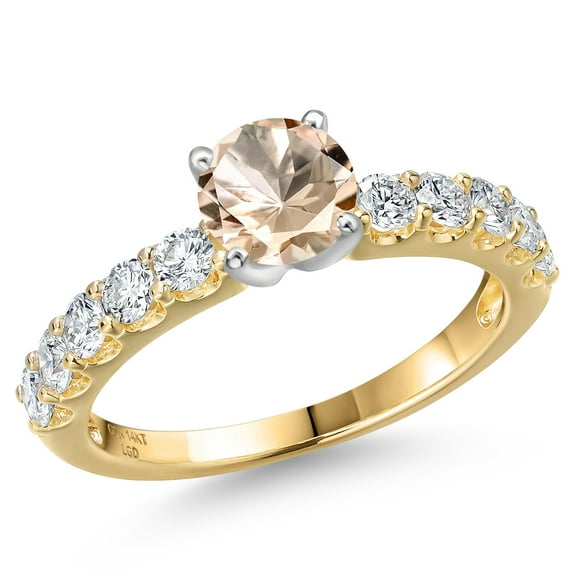 Gem Stone King 14K Two Tone Gold Peach Morganite and Lab Grown Diamond Engagement Ring for Women | 1.05 Cttw | Round 5MM | Gemstone October Birthstone | Size 8
