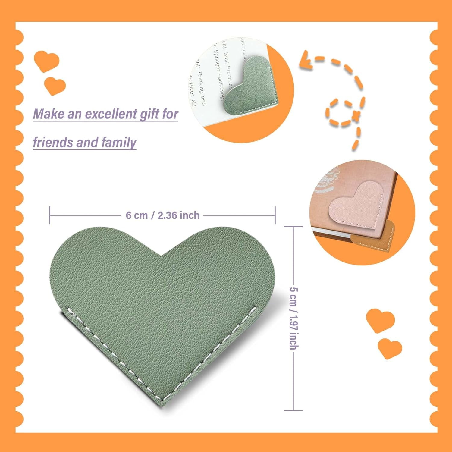 Leather Heart Bookmarks - 6 Pieces Cute Corner Page Book Marks for Teachers Students Reading Lovers, School Office Home Supplies (Heart（6pcs）)