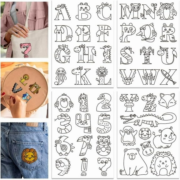 4 Sheets Animal Alphabet Water Soluble Stabilizer Animal Letter Hand Embroidery Stick and Stitch DIY