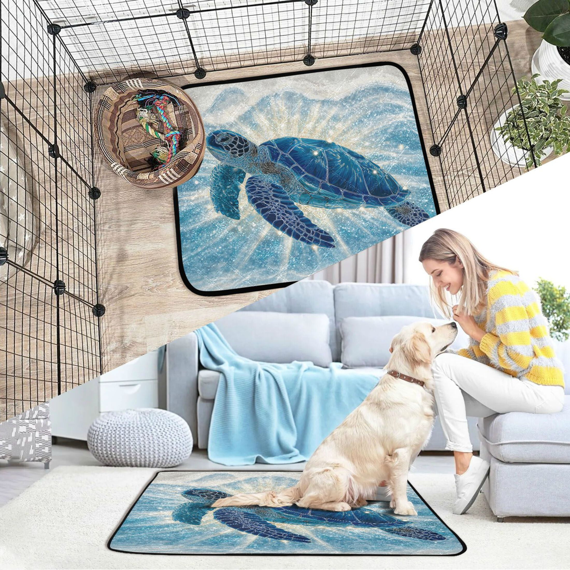 Qxltty Deep Blue Sea Turtle Cat litter Pads Pet Set of 2 Diaper Mats Center Anti-leakage Layer Absorbent Soft and Comfortable