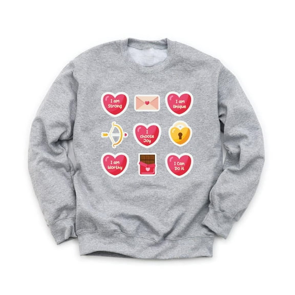 Valentine's Day Positive Sayings Unisex Gray Sweatshirt Chocolate Cupid Hearts Design Love Holiday Sweater