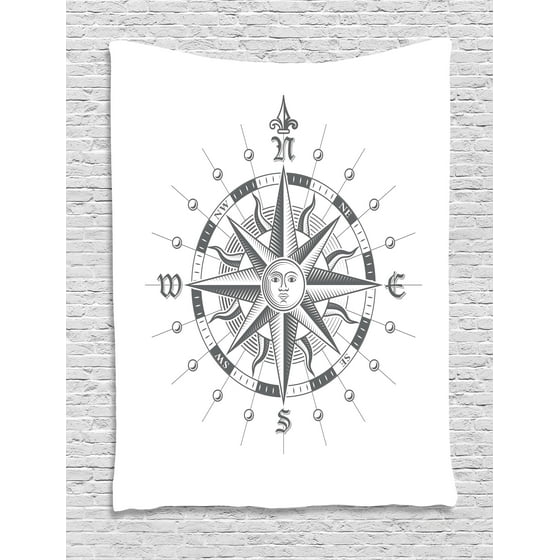 Compass Tapestry Hand Drawn With The Face Of Sun On Directions North South East West Sailing Wall Hanging For Bedroom Living Room Dorm