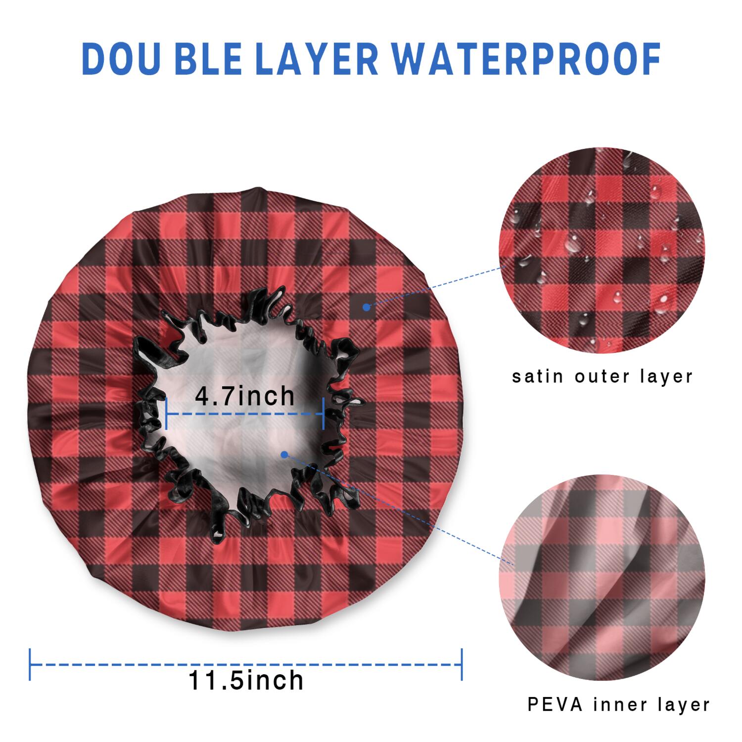 Shower Caps,Red and White Checkered Pattern Waterproof Shower Cap for Women 4 Pieces,Double Reusable Hair Cover for Shower PEVA Elastic Stretch Hem