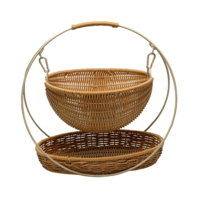 Cesta de fruta de doble capa, cesta de fruta de ratán de imitación, cesta vacía, cesta de almacenamiento tejida, bandeja de 2 niveles para aperitivos, marrón grande