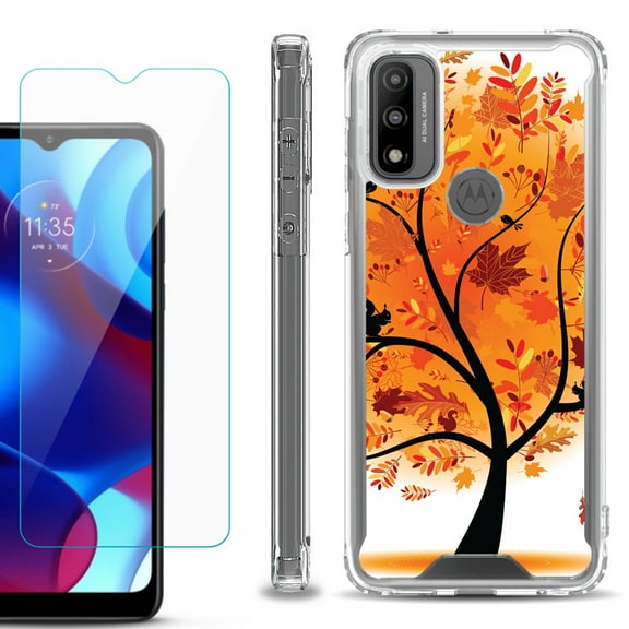 Shockproof Bumper Phone Case for Motorola Moto G Pure, with Tempered Glass Screen Protector, by OneToughShield ® - Golden Tree