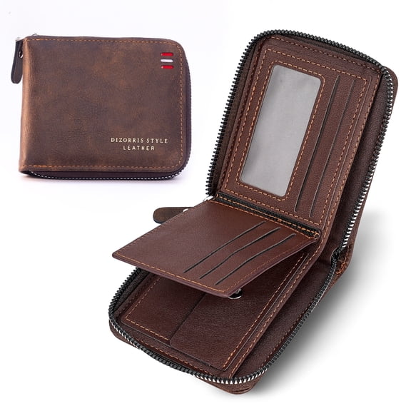 Men's Zipper Wallet Leather Bifold Wallets Slim RFID Blocking Zip Around Credit Card Holder Compact Small Wallet