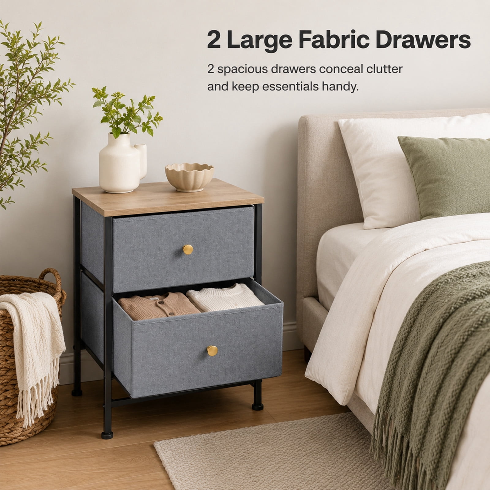 Alvantor Nightstand with 2 Storage Drawers, Small Bedside Table, Small Dresser with Sturdy Wooden Top for Daily Essentials, Compact Nightstand for Bedroom and Small Spaces