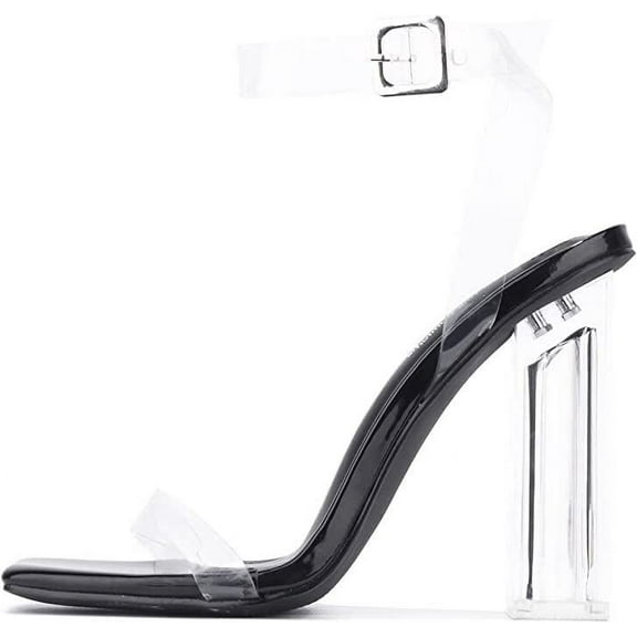 Cape Robbin Maria-2 Lucite Clear Strappy Block Chunky Sandal Shoe Black (10)